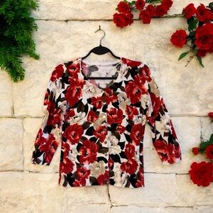 Crimson/Pink/Taupe/Black Floral Print Cardigan with Sparkly Gold Embellishment